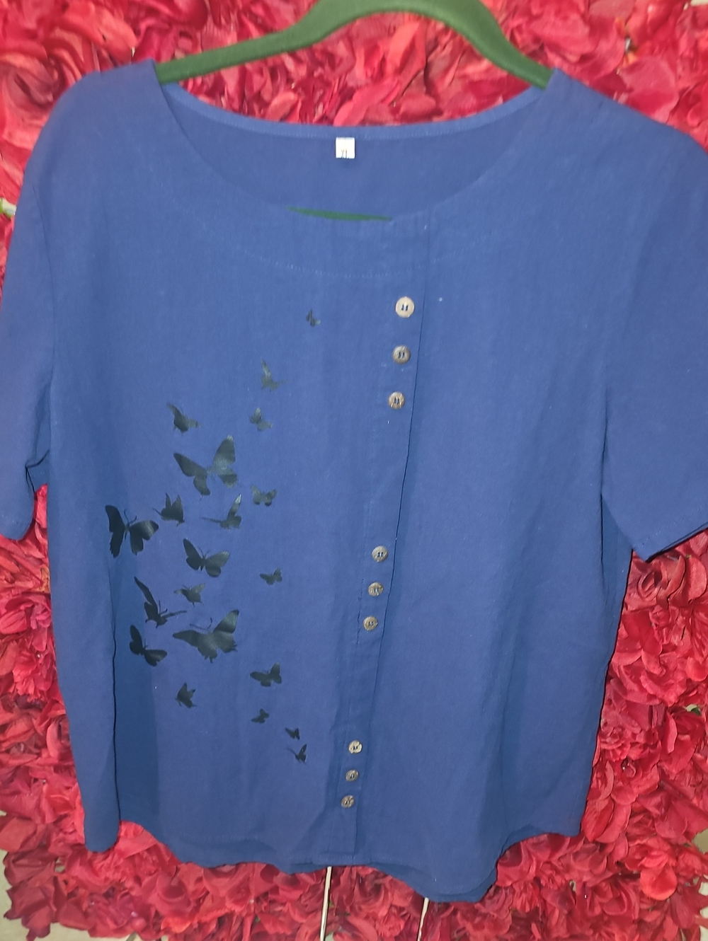 Women’s Navy Blue Butterfly Faux Button-Front Top Size Xlarge